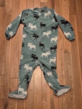 5/$20 Pekkle 18M Green Moose Print Fleece Onsie Sleeper Pajamas